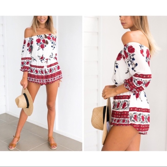 Floral Off the Shoulder Long Sleeve Romper - Picture 3 of 6